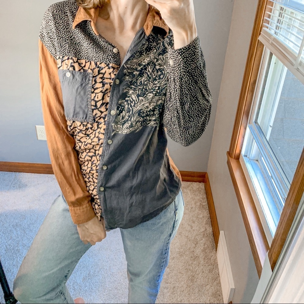 Vintage Mixed Print Button Down Blouse Shirt